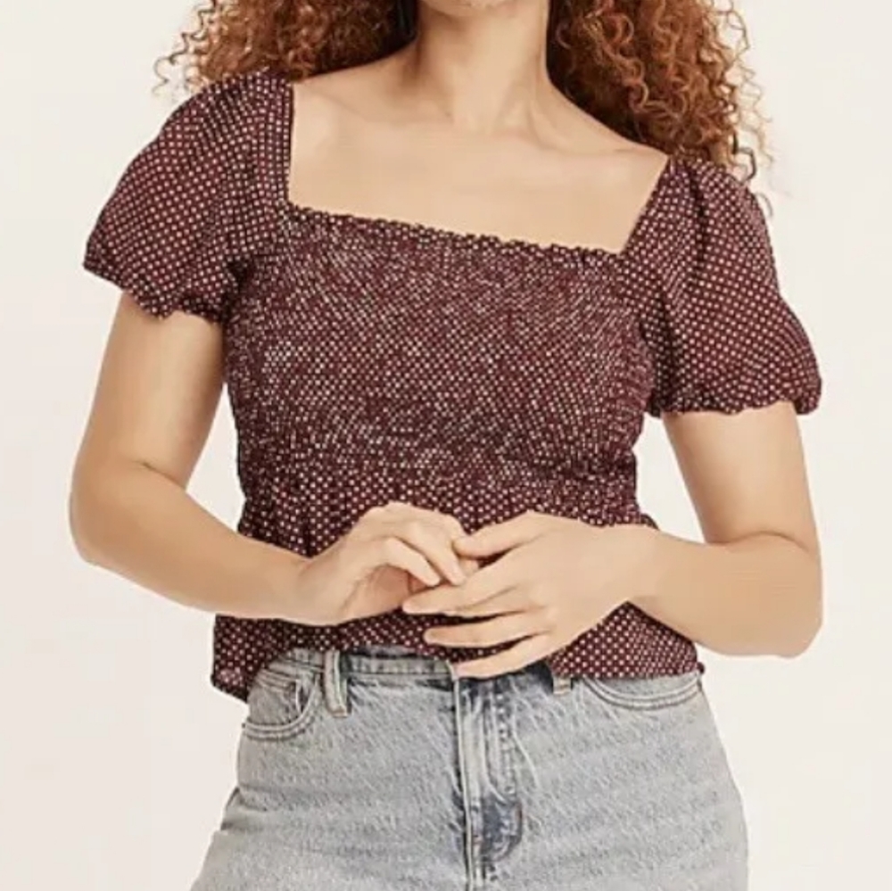 J.Crew Square Neck Smocked Viole Top Brown Polka-dot Size XS